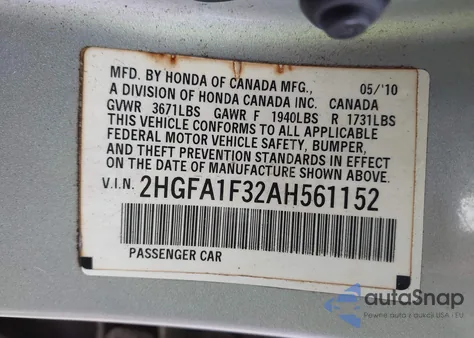 2010 Honda Civic Vp z USA, uszkodzony, nr VIN 2HGFA1F32AH561152